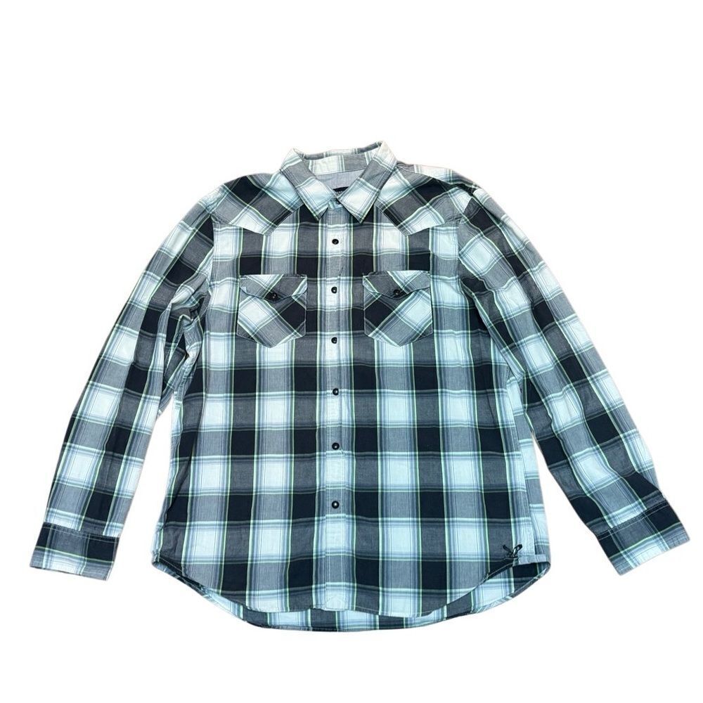 American Eagle Men's Plaid Black Green & White Snap Button Up Shirt Size XL